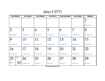 Adar_I 5771 Calendar with Jewish holidays and Gregorian equivalents 