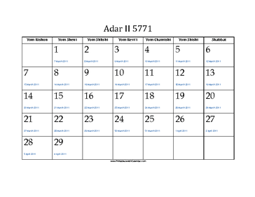 Adar_II 5771 Calendar with Gregorian equivalents 