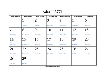 Adar_II 5771 Calendar with Jewish holidays and Gregorian equivalents 