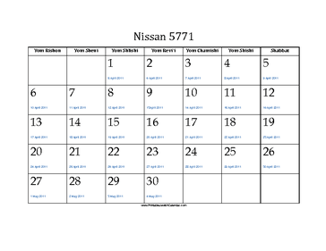 Nissan 5771 Calendar with Gregorian equivalents 