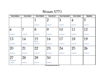 Nissan 5771 Calendar with Jewish holidays and Gregorian equivalents 