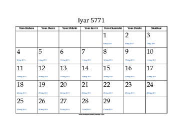 Iyar 5771 Calendar with Gregorian equivalents 