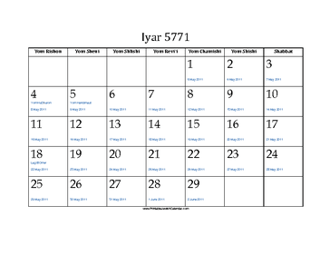 Iyar 5771 Calendar with Jewish holidays and Gregorian equivalents 