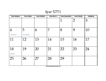 Iyar 5771 Calendar 