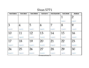 Sivan 5771 Calendar with Gregorian equivalents 