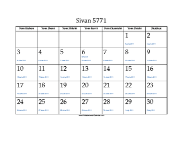 Sivan 5771 Calendar with Jewish holidays and Gregorian equivalents 