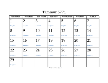 Tammuz 5771 Calendar with Jewish holidays and Gregorian equivalents 