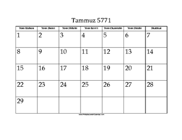 Tammuz 5771 Calendar 