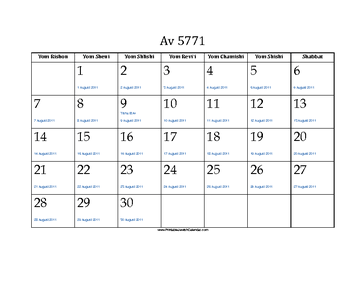 Av 5771 Calendar with Jewish holidays and Gregorian equivalents 