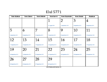 Elul 5771 Calendar with Jewish holidays and Gregorian equivalents 