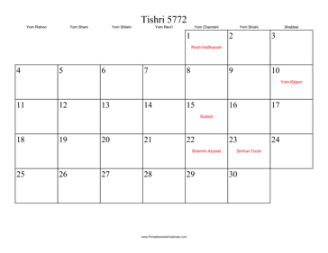 Tishri 5772 Calendar 