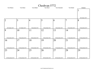 Cheshvan 5772 Calendar with Gregorian equivalents 