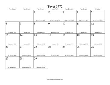 Tevet 5772 Calendar with Gregorian equivalents 