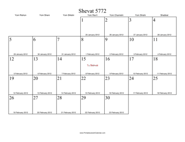 Shevat 5772 Calendar with Gregorian equivalents 