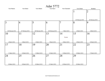 Adar 5772 Calendar with Gregorian equivalents 