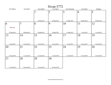 Sivan 5772 Calendar with Gregorian equivalents 