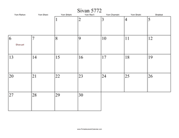 Sivan 5772 Calendar 