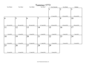 Tammuz 5772 Calendar with Gregorian equivalents 