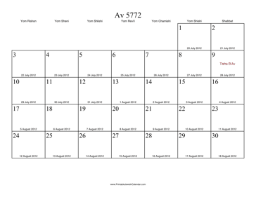 Av 5772 Calendar with Gregorian equivalents 