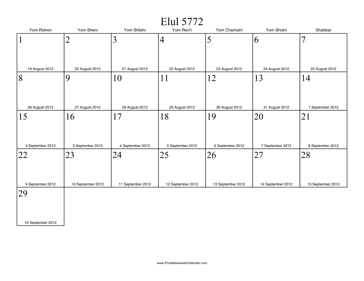 Elul 5772 Calendar with Gregorian equivalents 