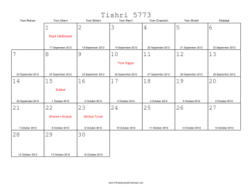 Tishri 5773 Calendar with Gregorian equivalents 