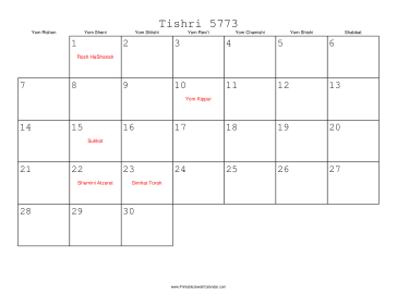 Tishri 5773 Calendar 