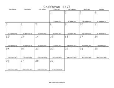 Cheshvan 5773 Calendar with Gregorian equivalents 