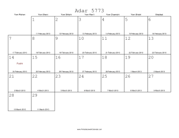 Adar 5773 Calendar with Gregorian equivalents 