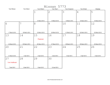 Nissan 5773 Calendar with Gregorian equivalents 