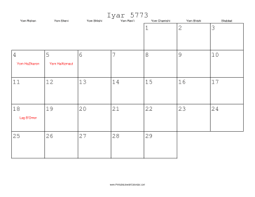 Iyar 5773 Calendar 