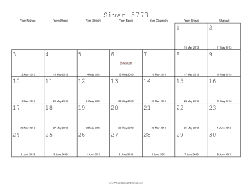 Sivan 5773 Calendar with Gregorian equivalents 