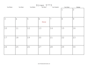 Sivan 5773 Calendar 