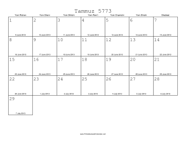 Tammuz 5773 Calendar with Gregorian equivalents 