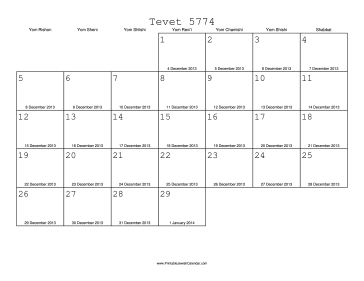 Tevet 5774 Calendar with Gregorian equivalents 