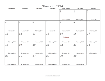 Shevat 5774 Calendar with Gregorian equivalents 