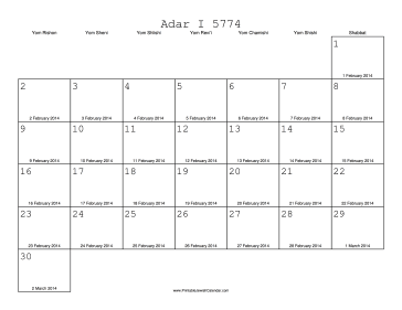 Adar 5774 Calendar with Gregorian equivalents 