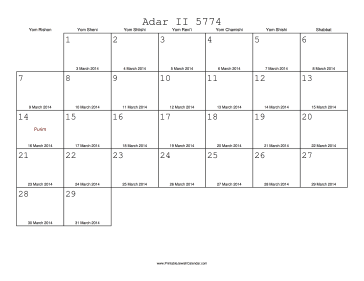 Adar II 5774 Calendar with Gregorian equivalents 