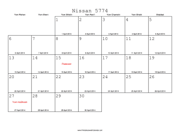 Nissan 5774 Calendar with Gregorian equivalents 