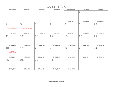 Iyar 5774 Calendar with Gregorian equivalents 