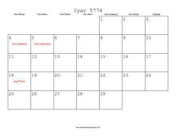Iyar 5774 Calendar 