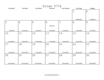 Sivan 5774 Calendar with Gregorian equivalents 