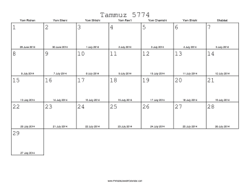 Tammuz 5774 Calendar with Gregorian equivalents 