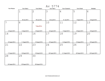 Av 5774 Calendar with Gregorian equivalents 