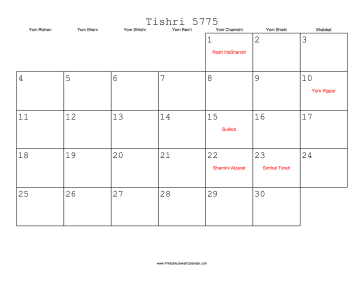 Tishri 5775 Calendar 