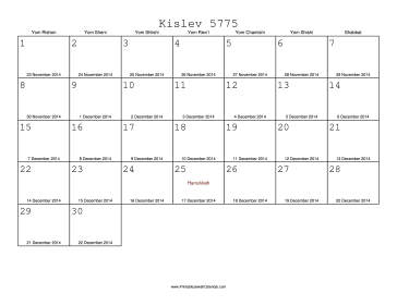 Kislev 5775 Calendar with Gregorian equivalents 