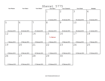Shevat 5775 Calendar with Gregorian equivalents 