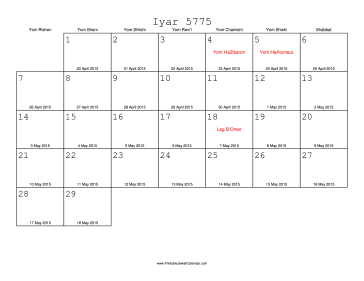 Iyar 5775 Calendar with Gregorian equivalents 