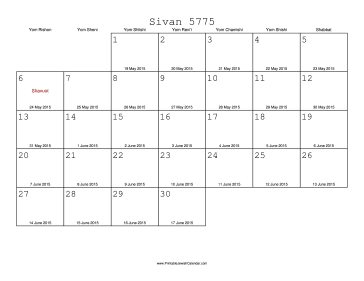 Sivan 5775 Calendar with Gregorian equivalents 
