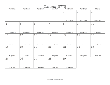 Tammuz 5775 Calendar with Gregorian equivalents 