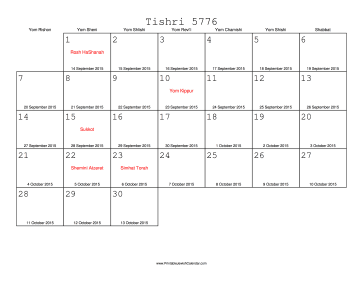 Tishri 5776 Calendar with Gregorian equivalents 